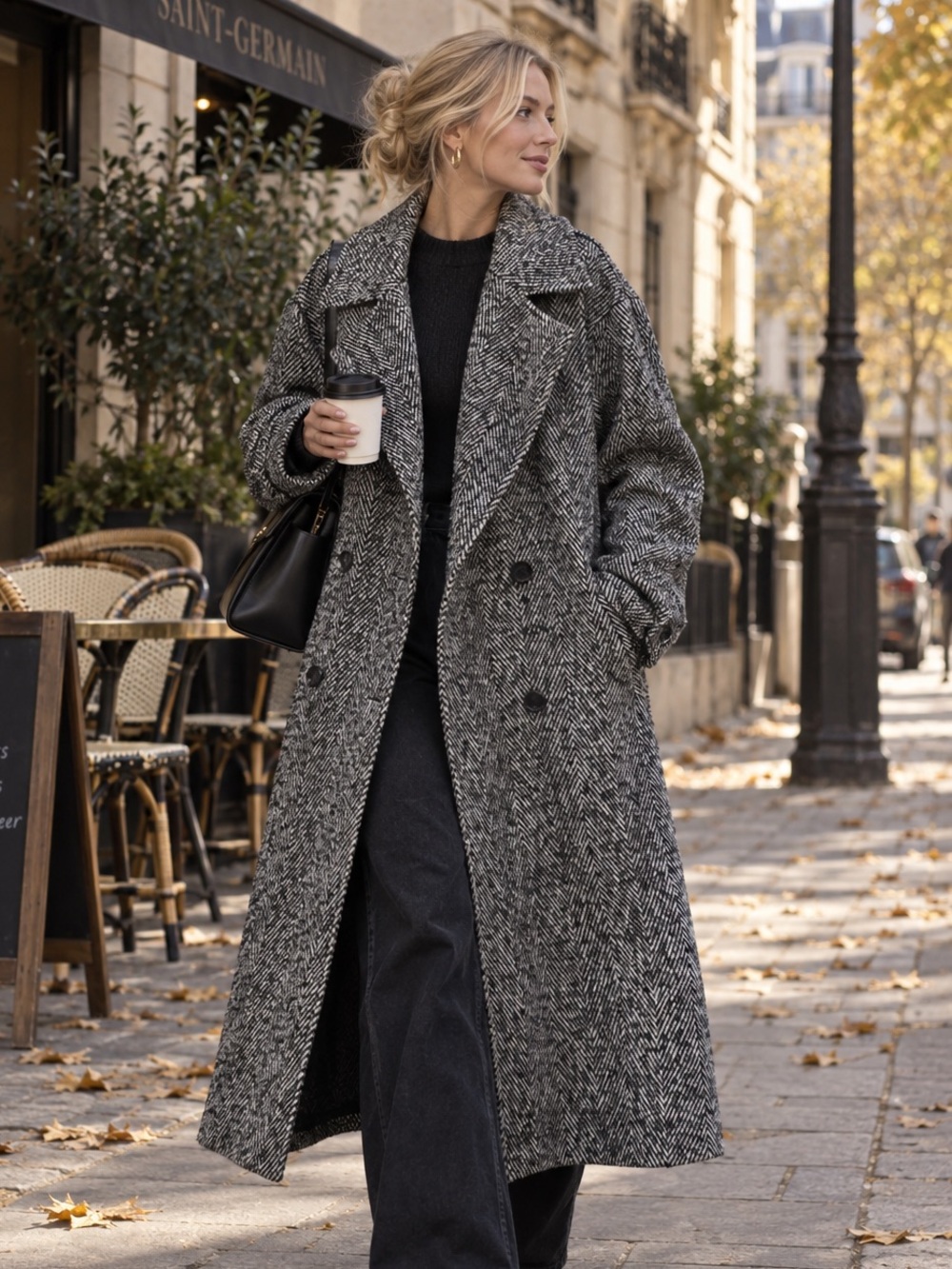 Wool Blend Herringbone Tweed Long Double Breasted trench Coat pea coat gray